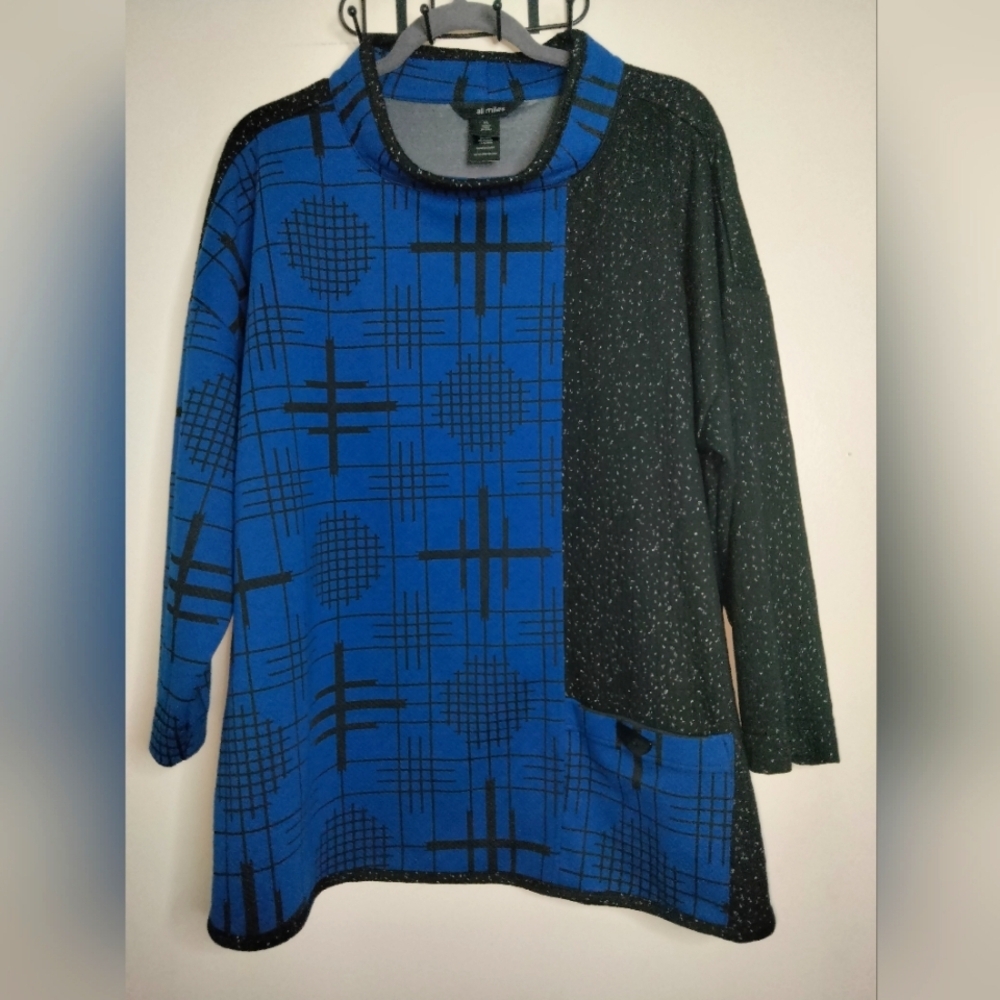 Ali Miles (Sz XL) Blue & Black Patterned Stretch Button Slip Pocket LS Pullover